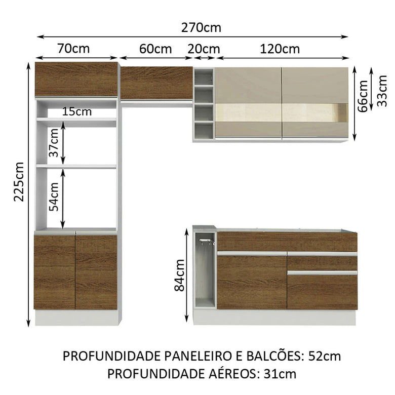 Armário de Cozinha Completa 270cm Branco/Rustic/Crema Jade Madesa 08