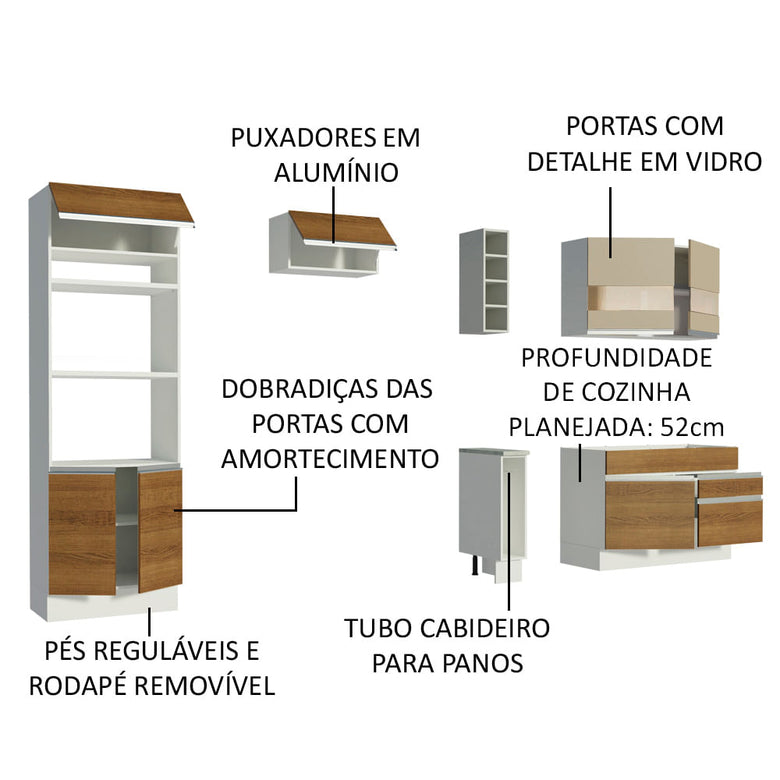 Armário de Cozinha Completa 270cm Branco/Rustic/Crema Jade Madesa 08