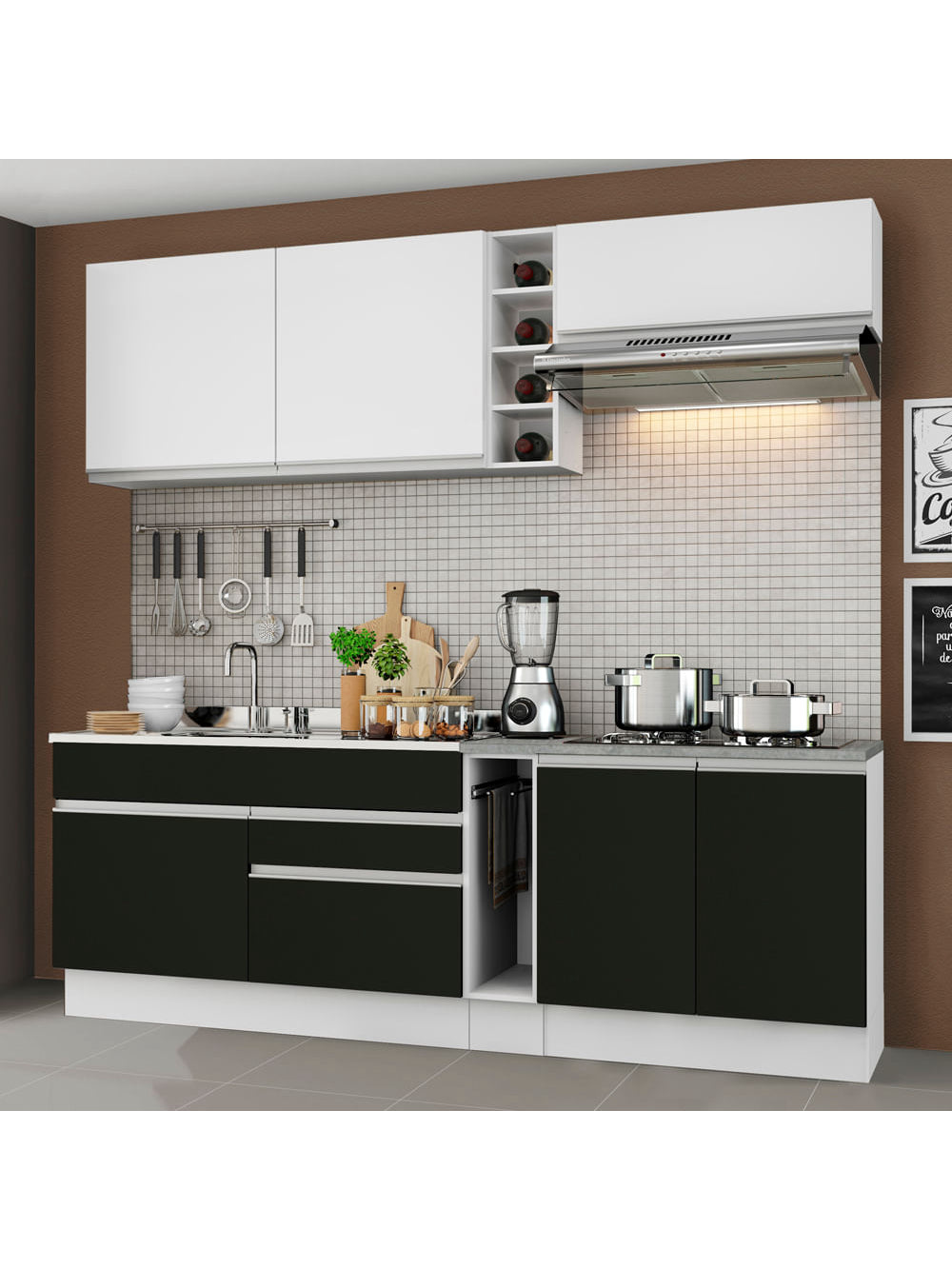 Armário de Cozinha Completa 220cm Branco/Preto/Branco Parma Madesa 03 - Branco/Preto/Branco