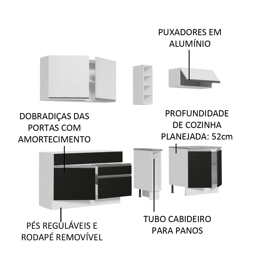 Armário de Cozinha Completa 220cm Branco/Preto/Branco Parma Madesa 03