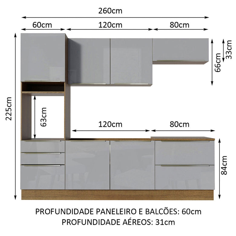 Armário de Cozinha Completa 260cm Rustic/Cinza Lux Madesa 01