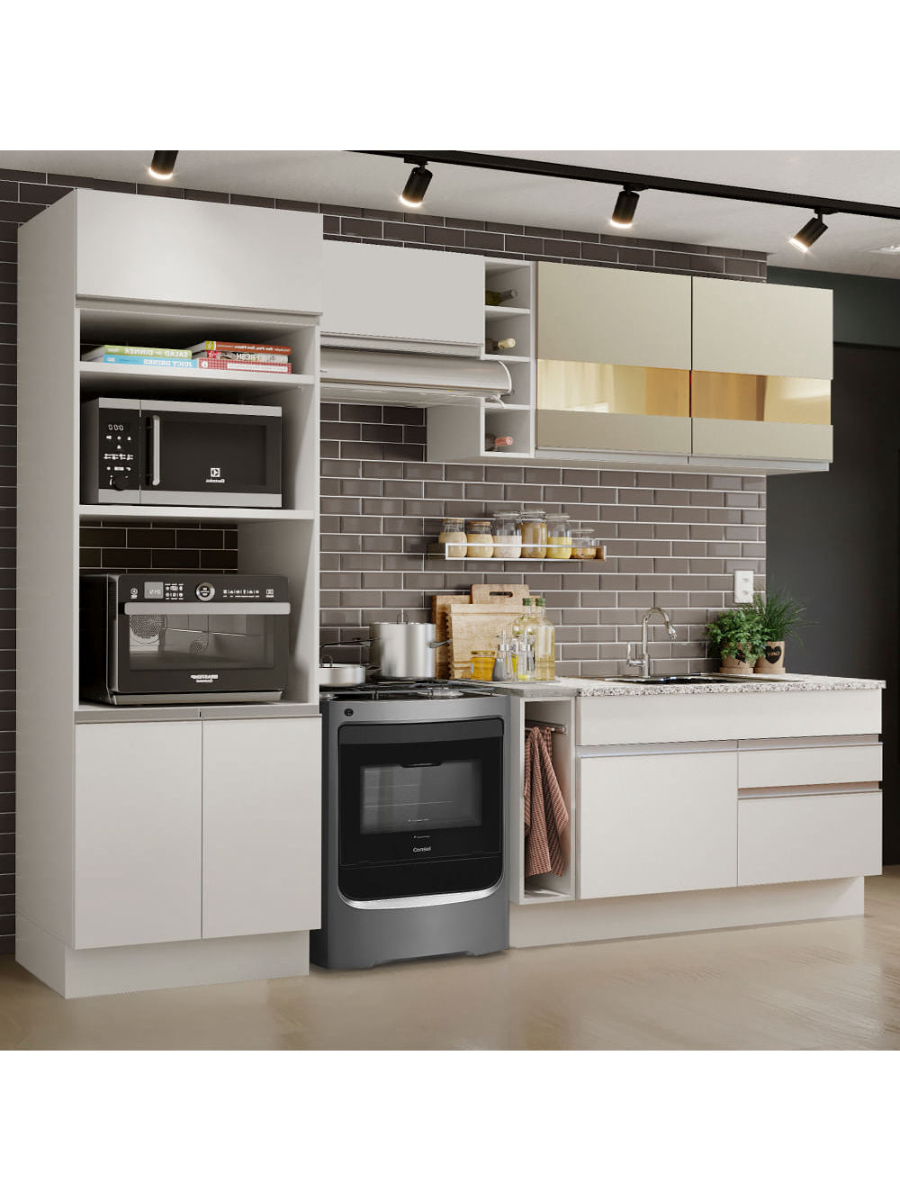 Armário de Cozinha Completa 270cm Branco/Branco/Crema Jade Madesa 08 - Branco/Branco/Crema