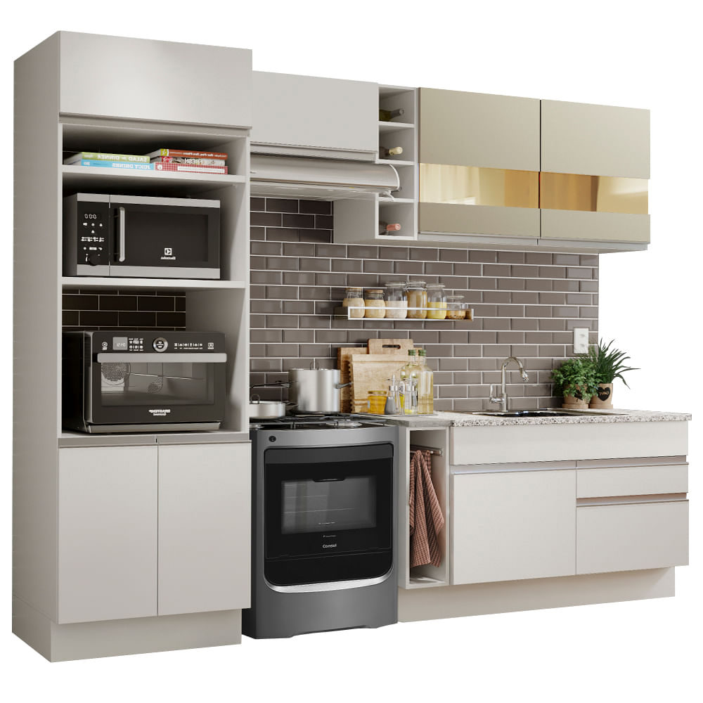 Armário de Cozinha Completa 270cm Branco/Branco/Crema Jade Madesa 08 - Branco/Branco/Crema