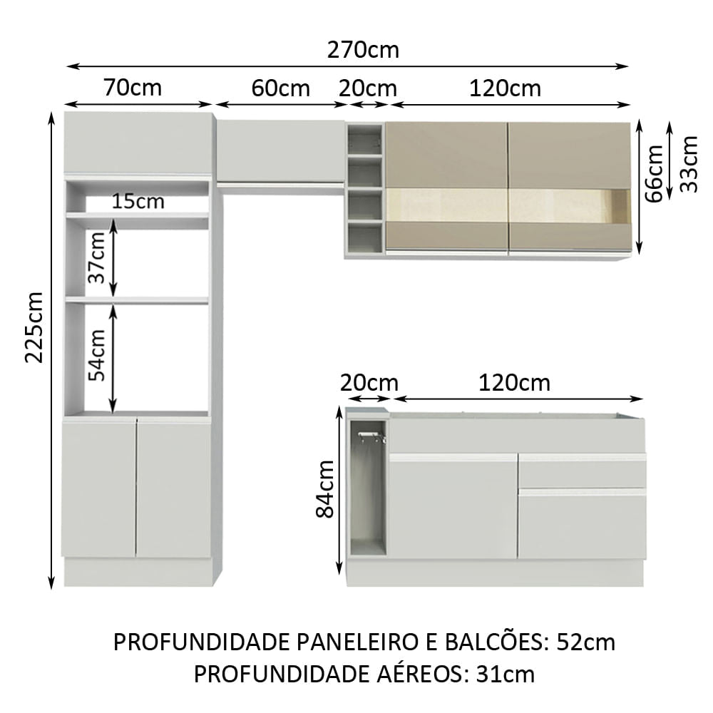 Armário de Cozinha Completa 270cm Branco/Branco/Crema Jade Madesa 08