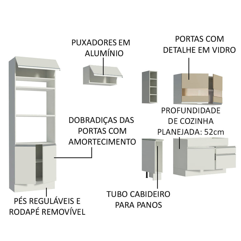 Armário de Cozinha Completa 270cm Branco/Branco/Crema Jade Madesa 08