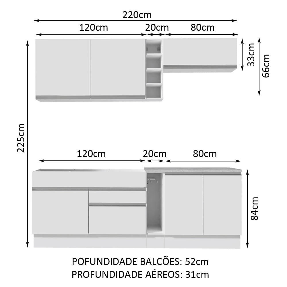 Armário de Cozinha Completa 220cm Branco Parma Madesa 03