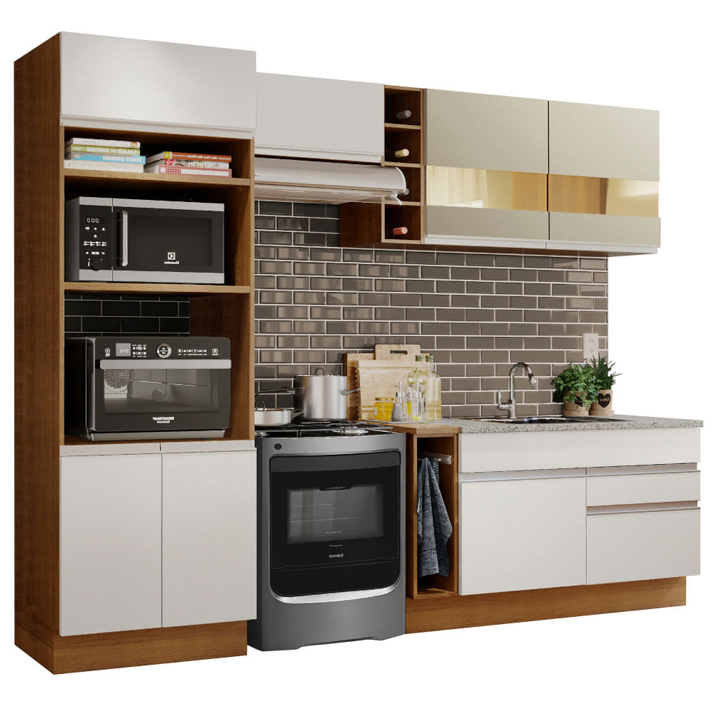 Armário de Cozinha Completa 270cm Rustic/Branco/Crema Jade Madesa 08 - Rustic/Branco/Crema