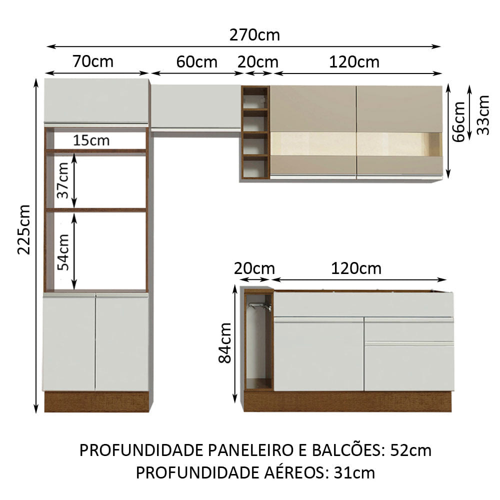 Armário de Cozinha Completa 270cm Rustic/Branco/Crema Jade Madesa 08