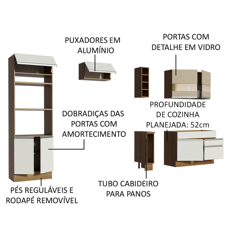Armário de Cozinha Completa 270cm Rustic/Branco/Crema Jade Madesa 08