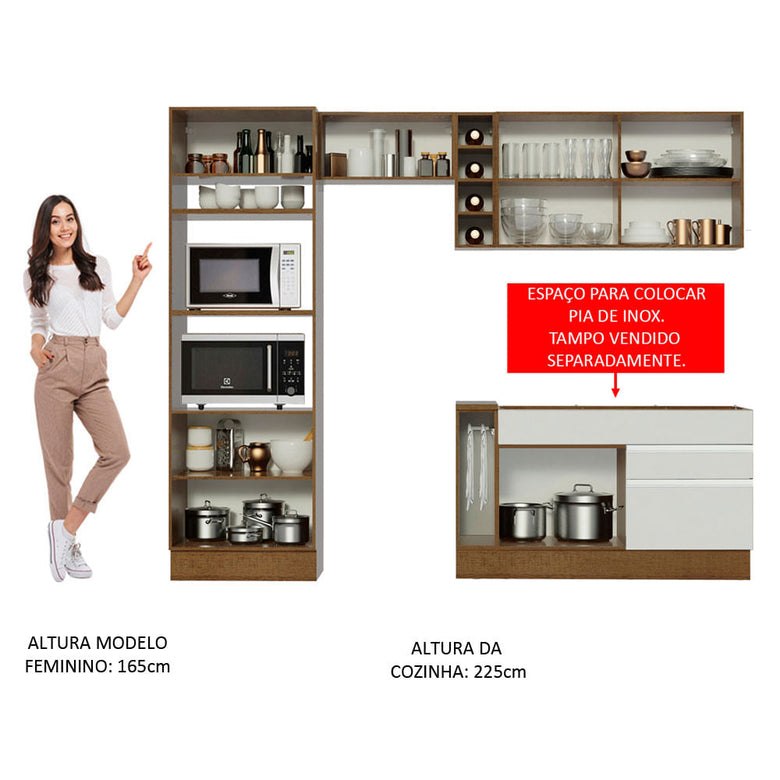 Armário de Cozinha Completa 270cm Rustic/Branco/Crema Jade Madesa 08