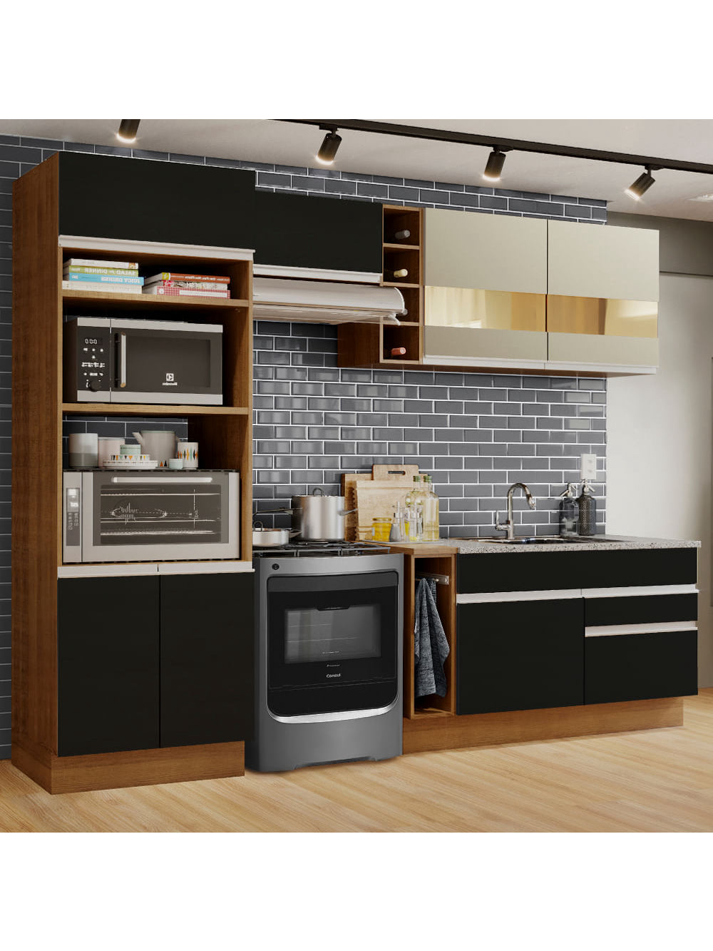 Armário de Cozinha Completa 270cm Rustic/Preto/Crema Jade Madesa 08 - Rustic/Preto/Crema