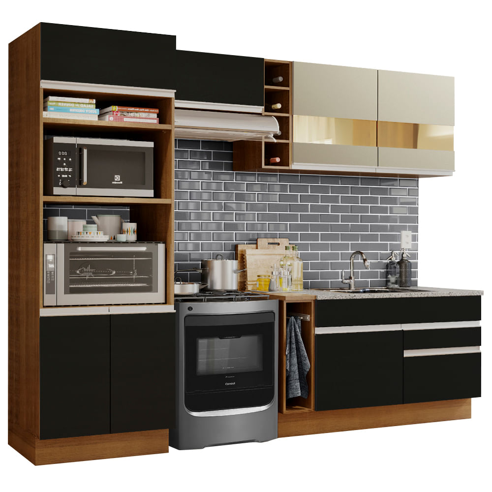 Armário de Cozinha Completa 270cm Rustic/Preto/Crema Jade Madesa 08 - Rustic/Preto/Crema