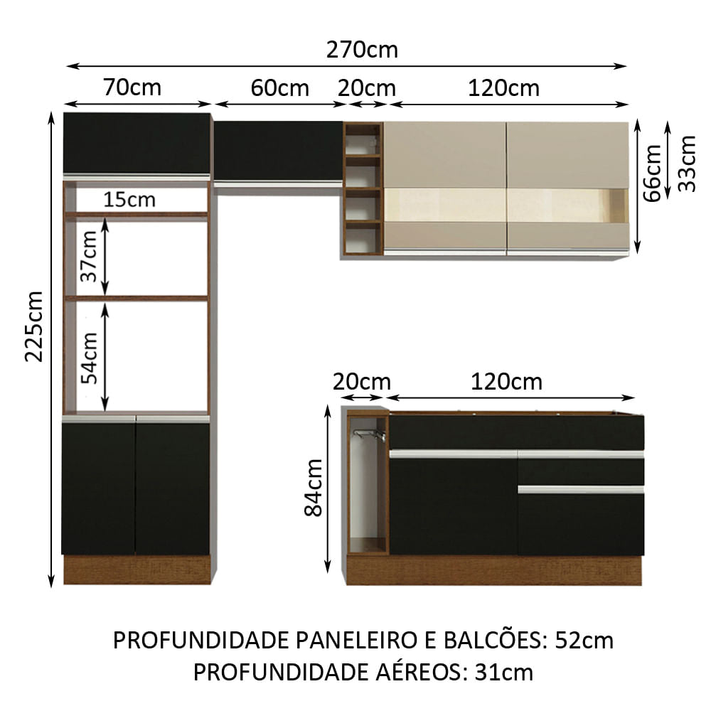 Armário de Cozinha Completa 270cm Rustic/Preto/Crema Jade Madesa 08