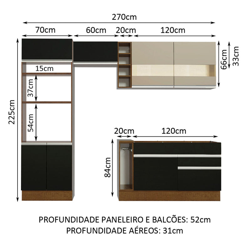 Armário de Cozinha Completa 270cm Rustic/Preto/Crema Jade Madesa 08