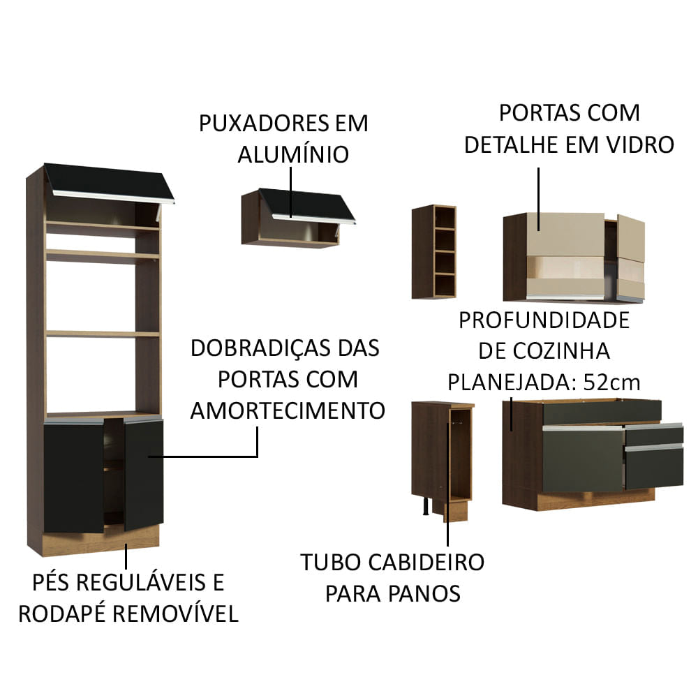 Armário de Cozinha Completa 270cm Rustic/Preto/Crema Jade Madesa 08
