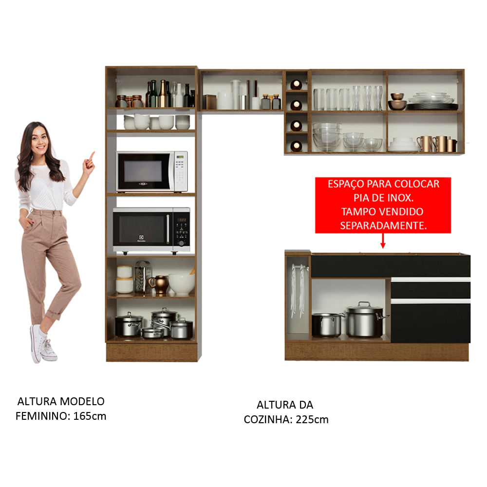 Armário de Cozinha Completa 270cm Rustic/Preto/Crema Jade Madesa 08