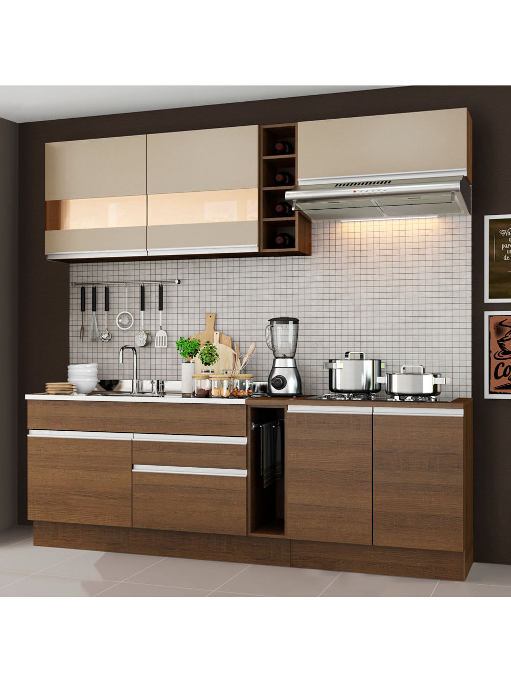 Armário de Cozinha Completa 220cm Rustic/Rustic/Crema Parma Madesa 02 - Rustic/Rustic/Crema