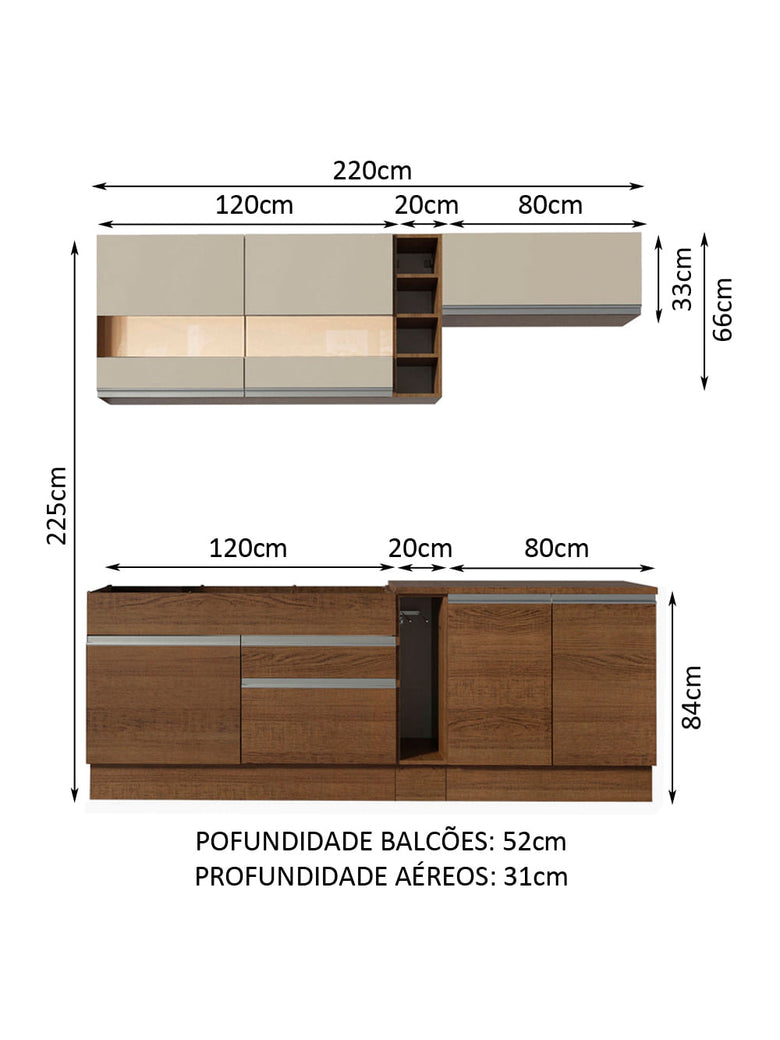Armário de Cozinha Completa 220cm Rustic/Rustic/Crema Parma Madesa 02