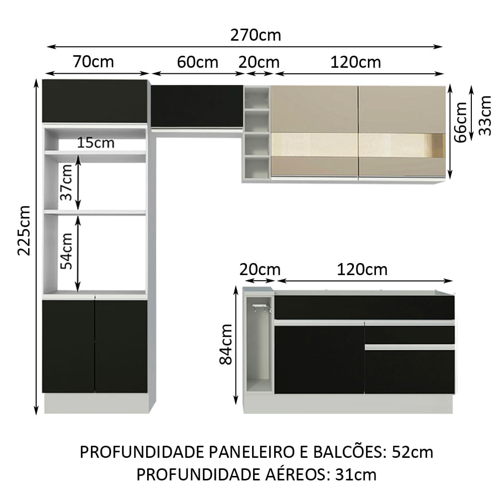 Armário de Cozinha Completa 270cm Branco/Preto/Crema Jade Madesa 08