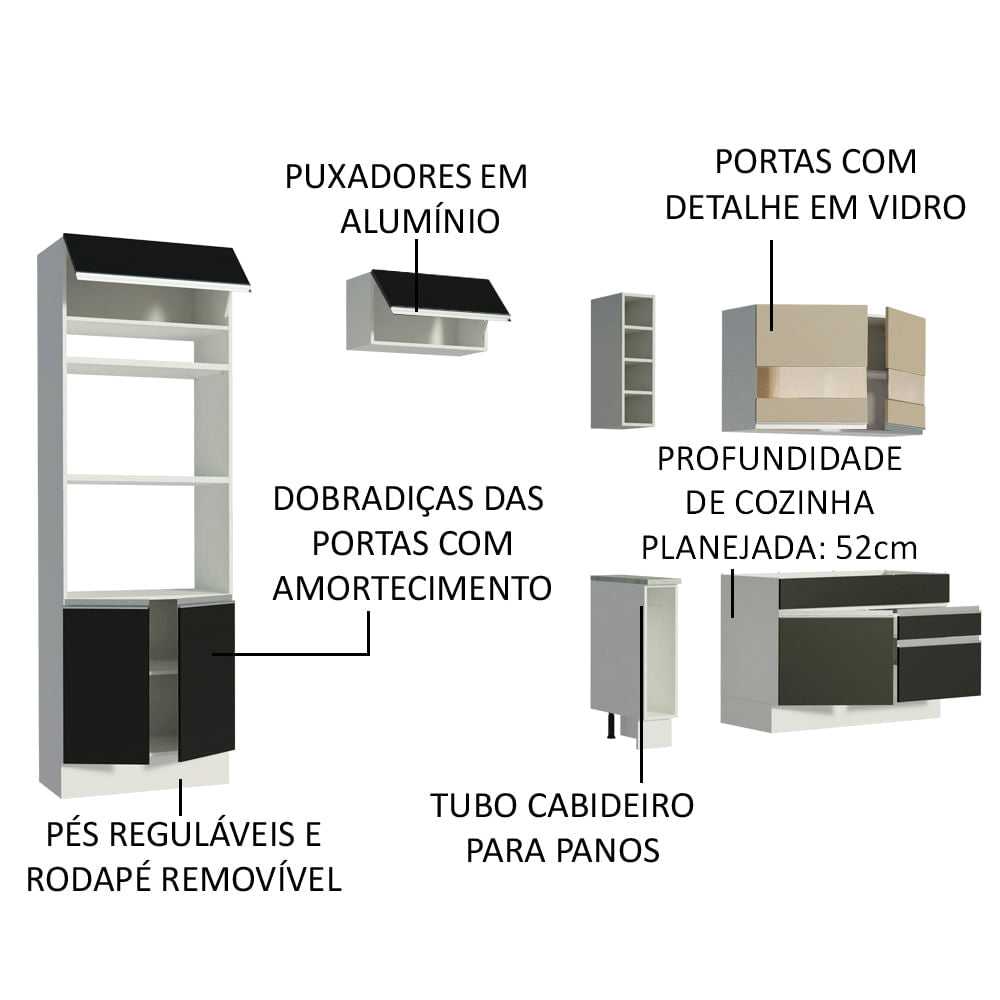Armário de Cozinha Completa 270cm Branco/Preto/Crema Jade Madesa 08
