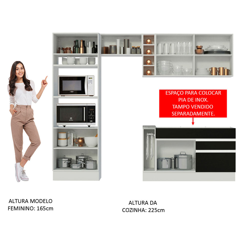 Armário de Cozinha Completa 270cm Branco/Preto/Crema Jade Madesa 08