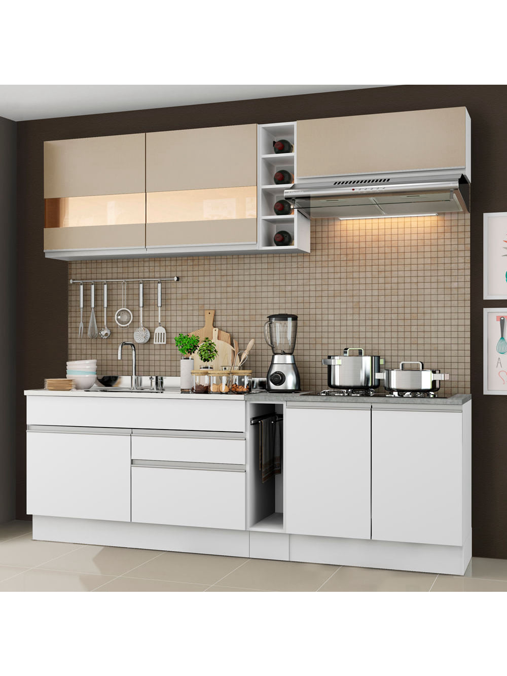 Armário de Cozinha Completa 220cm Branco/Branco/Crema Parma Madesa 02 - Branco/Branco/Crema