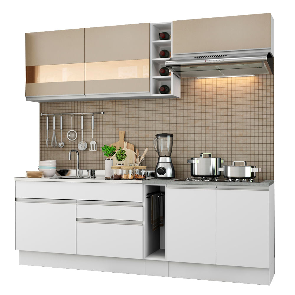 Armário de Cozinha Completa 220cm Branco/Branco/Crema Parma Madesa 02 - Branco/Branco/Crema