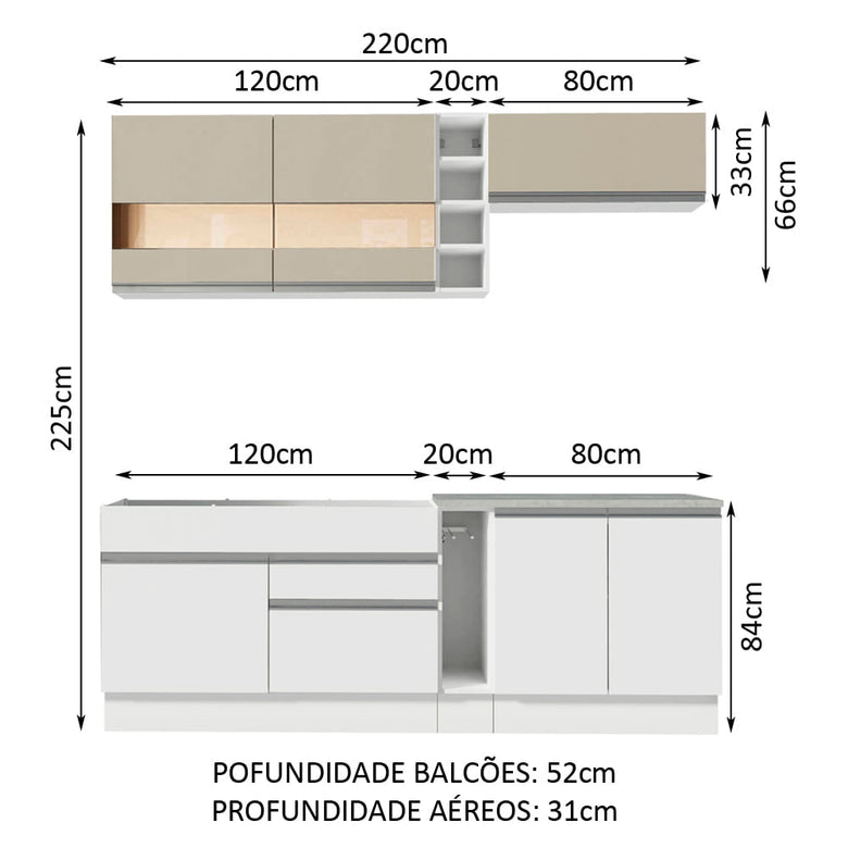 Armário de Cozinha Completa 220cm Branco/Branco/Crema Parma Madesa 02