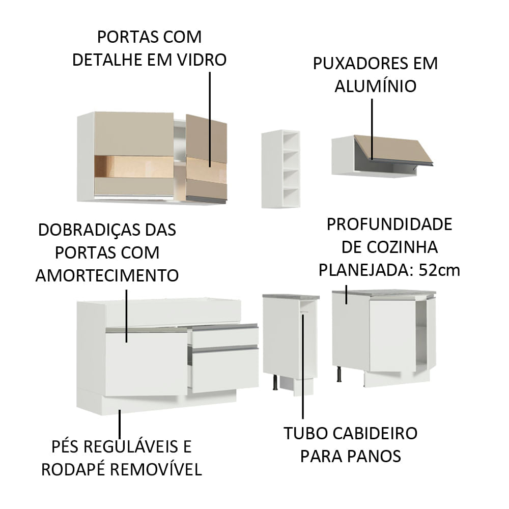 Armário de Cozinha Completa 220cm Branco/Branco/Crema Parma Madesa 02