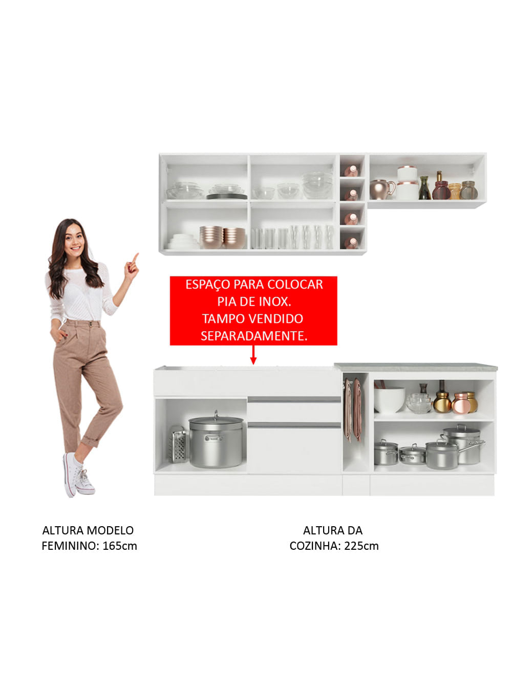 Armário de Cozinha Completa 220cm Branco/Branco/Crema Parma Madesa 02