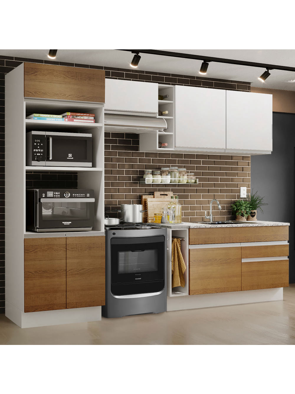 Armário de Cozinha Completa 270cm Branco/Rustic/Branco Jade Madesa 09 - Branco/Rustic/Branco