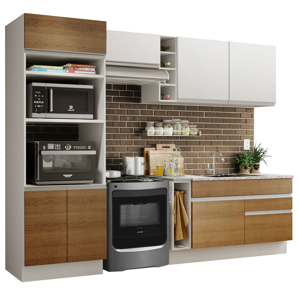 Armário de Cozinha Completa 270cm Branco/Rustic/Branco Jade Madesa 09 - Branco/Rustic/Branco