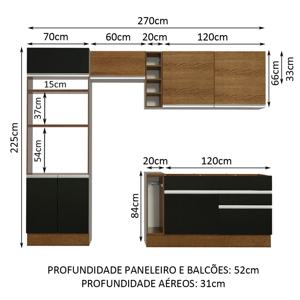 Armário de Cozinha Completa 270cm Rustic/Preto/Rustic Jade Madesa 09