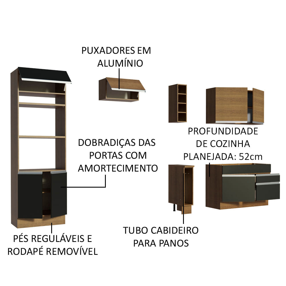 Armário de Cozinha Completa 270cm Rustic/Preto/Rustic Jade Madesa 09