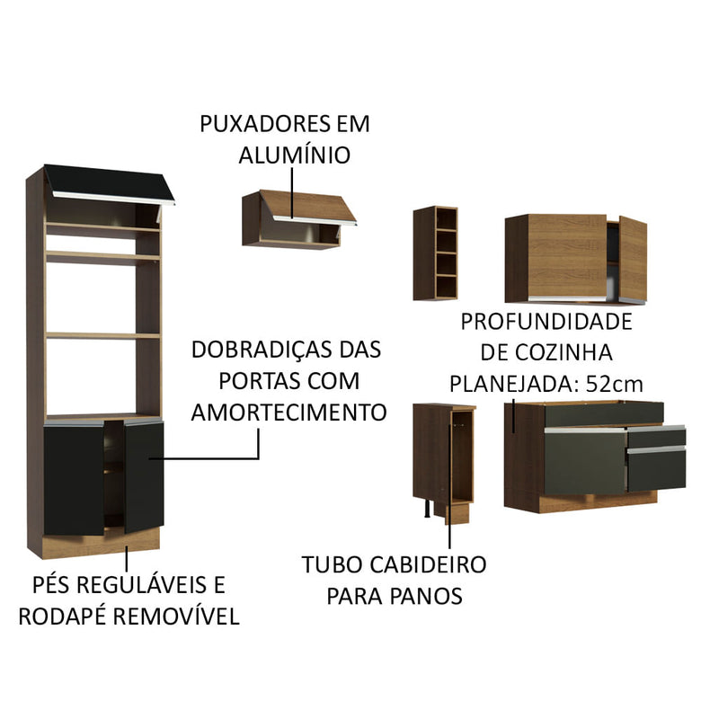 Armário de Cozinha Completa 270cm Rustic/Preto/Rustic Jade Madesa 09