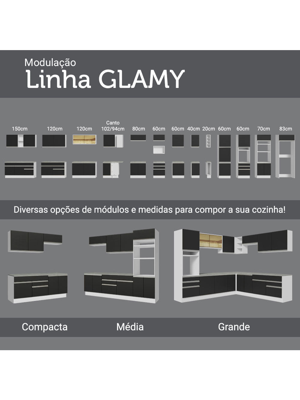 Armário de Cozinha Completa 270cm Branco/Preto/Branco Jade Madesa 09