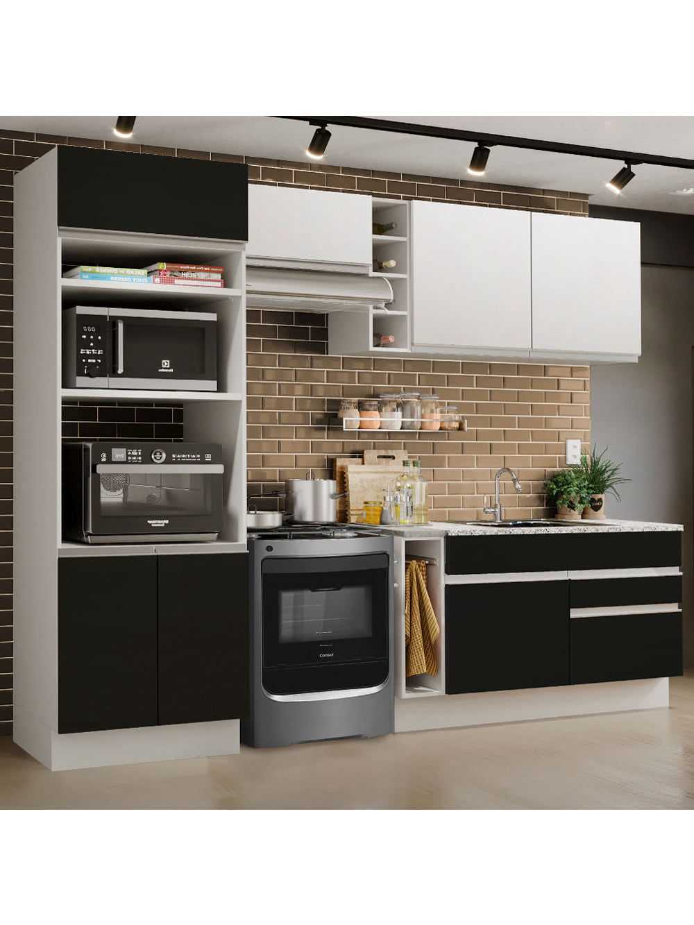 Armário de Cozinha Completa 270cm Branco/Preto/Branco Jade Madesa 09 - Branco/Preto/Branco