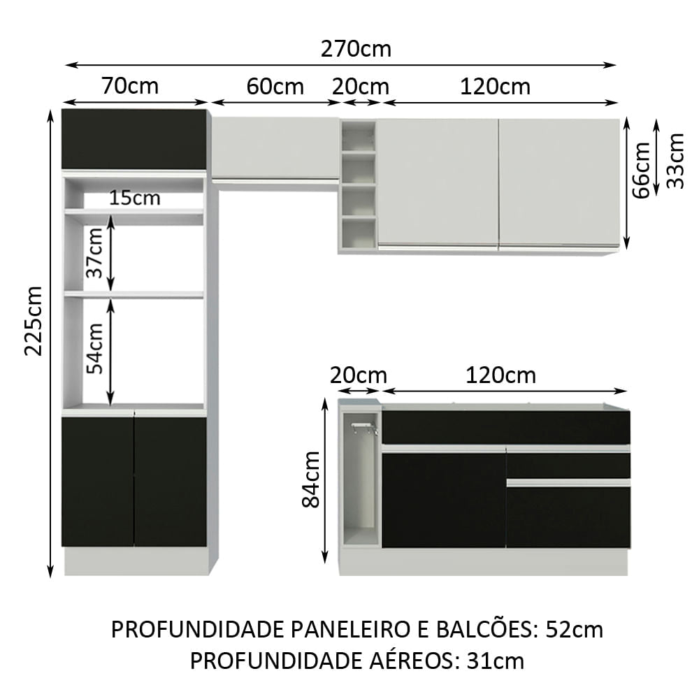 Armário de Cozinha Completa 270cm Branco/Preto/Branco Jade Madesa 09