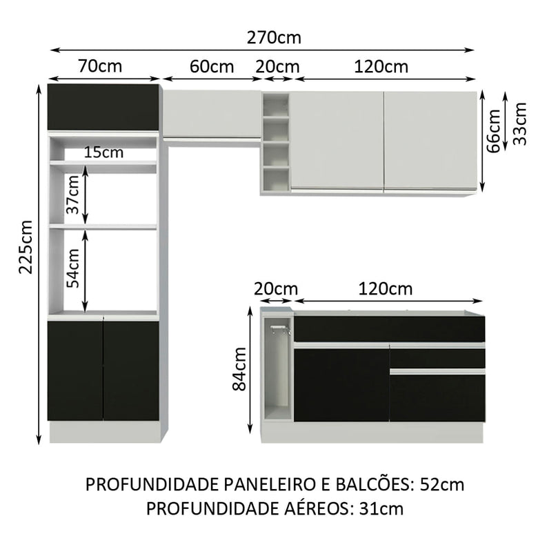 Armário de Cozinha Completa 270cm Branco/Preto/Branco Jade Madesa 09
