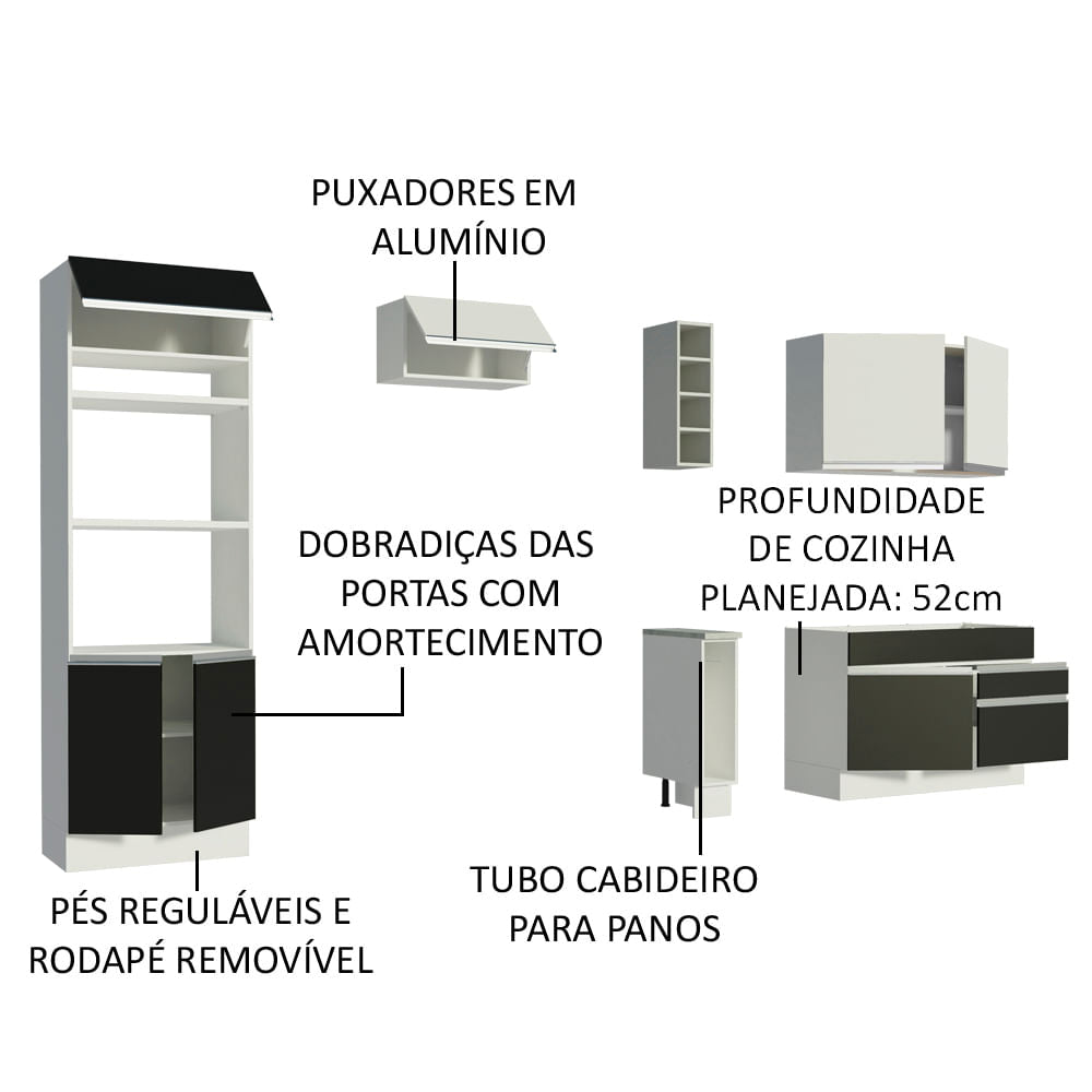 Armário de Cozinha Completa 270cm Branco/Preto/Branco Jade Madesa 09