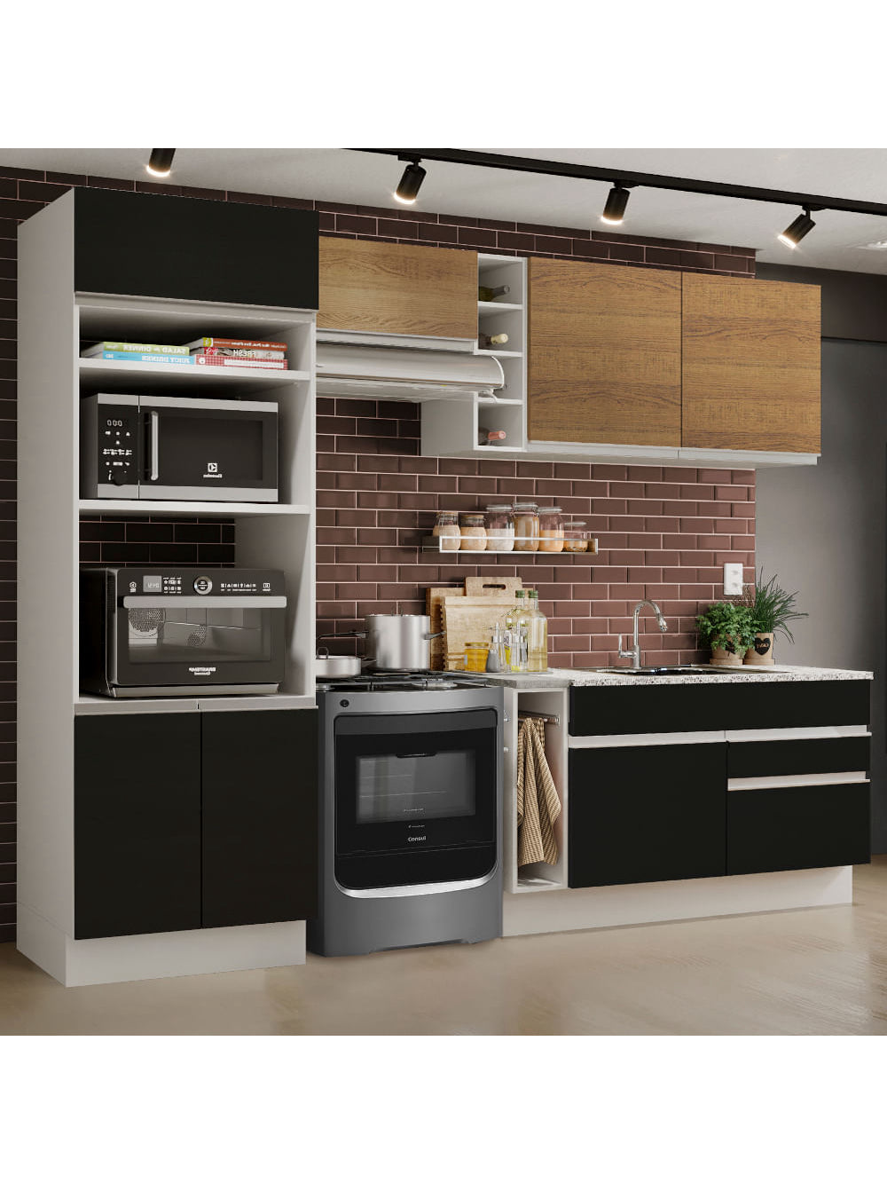 Armário de Cozinha Completa 270cm Branco/Preto/Rustic Jade Madesa 09 - Branco/Preto/Rustic