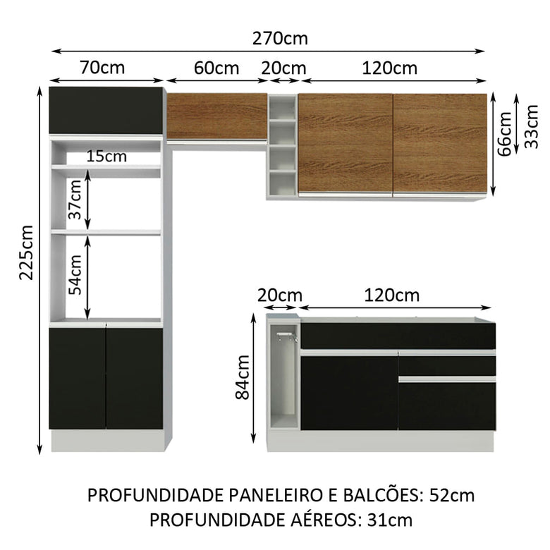 Armário de Cozinha Completa 270cm Branco/Preto/Rustic Jade Madesa 09