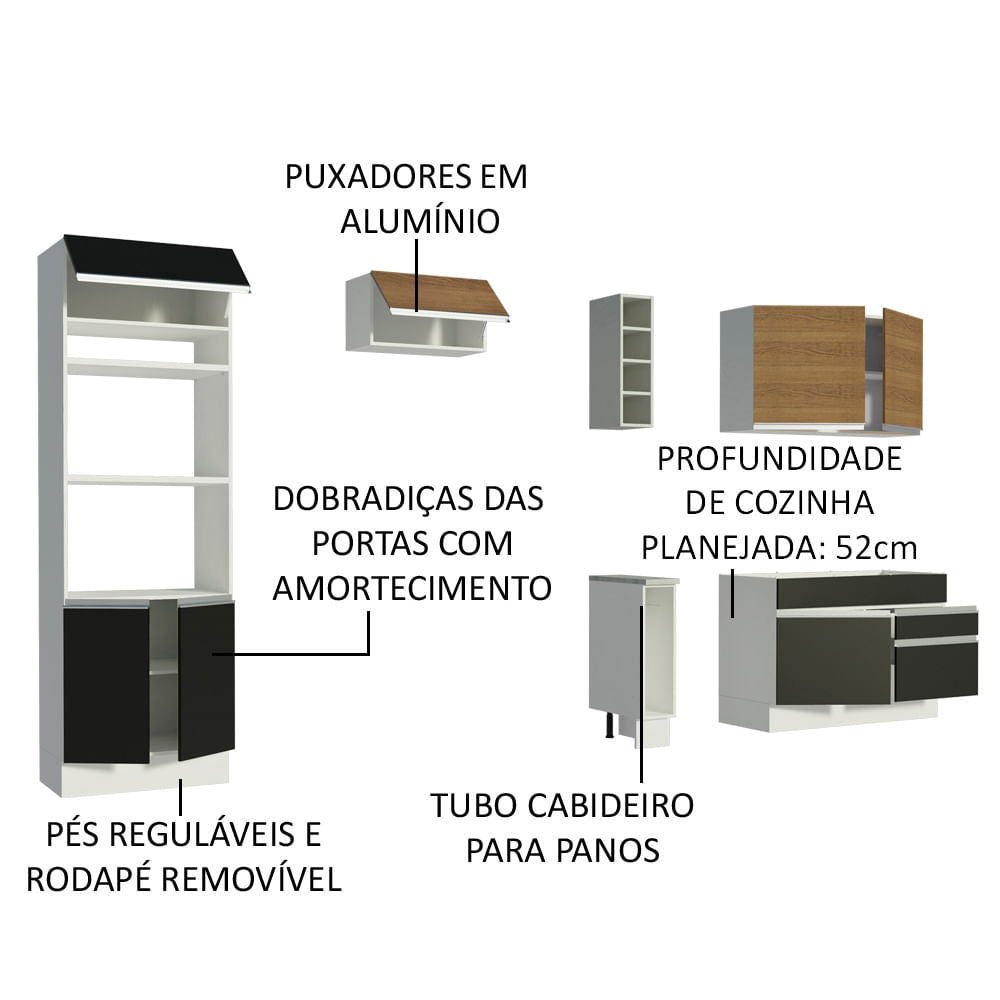 Armário de Cozinha Completa 270cm Branco/Preto/Rustic Jade Madesa 09