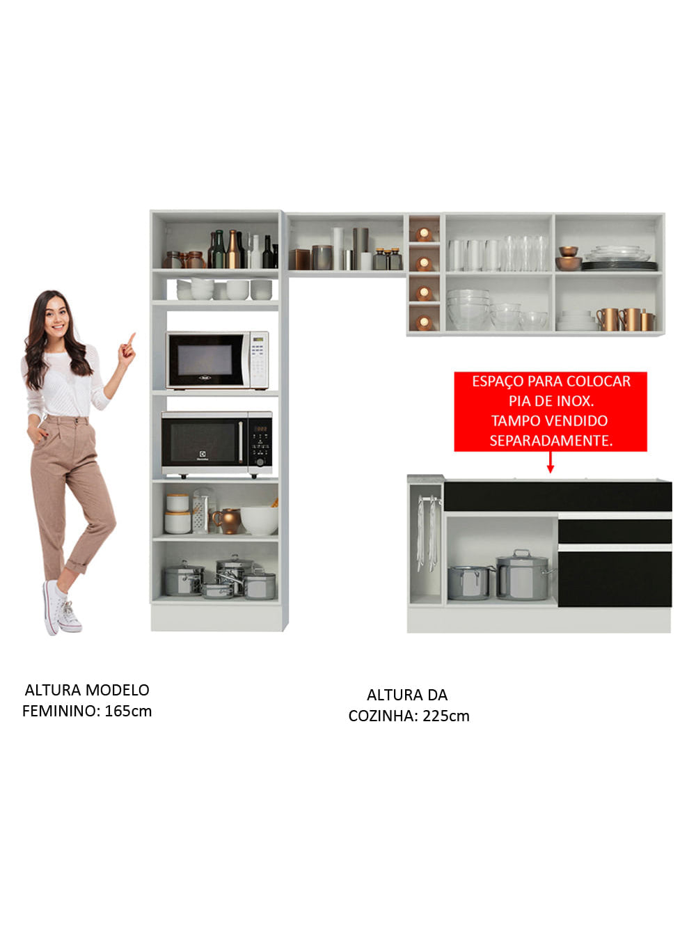 Armário de Cozinha Completa 270cm Branco/Preto/Rustic Jade Madesa 09