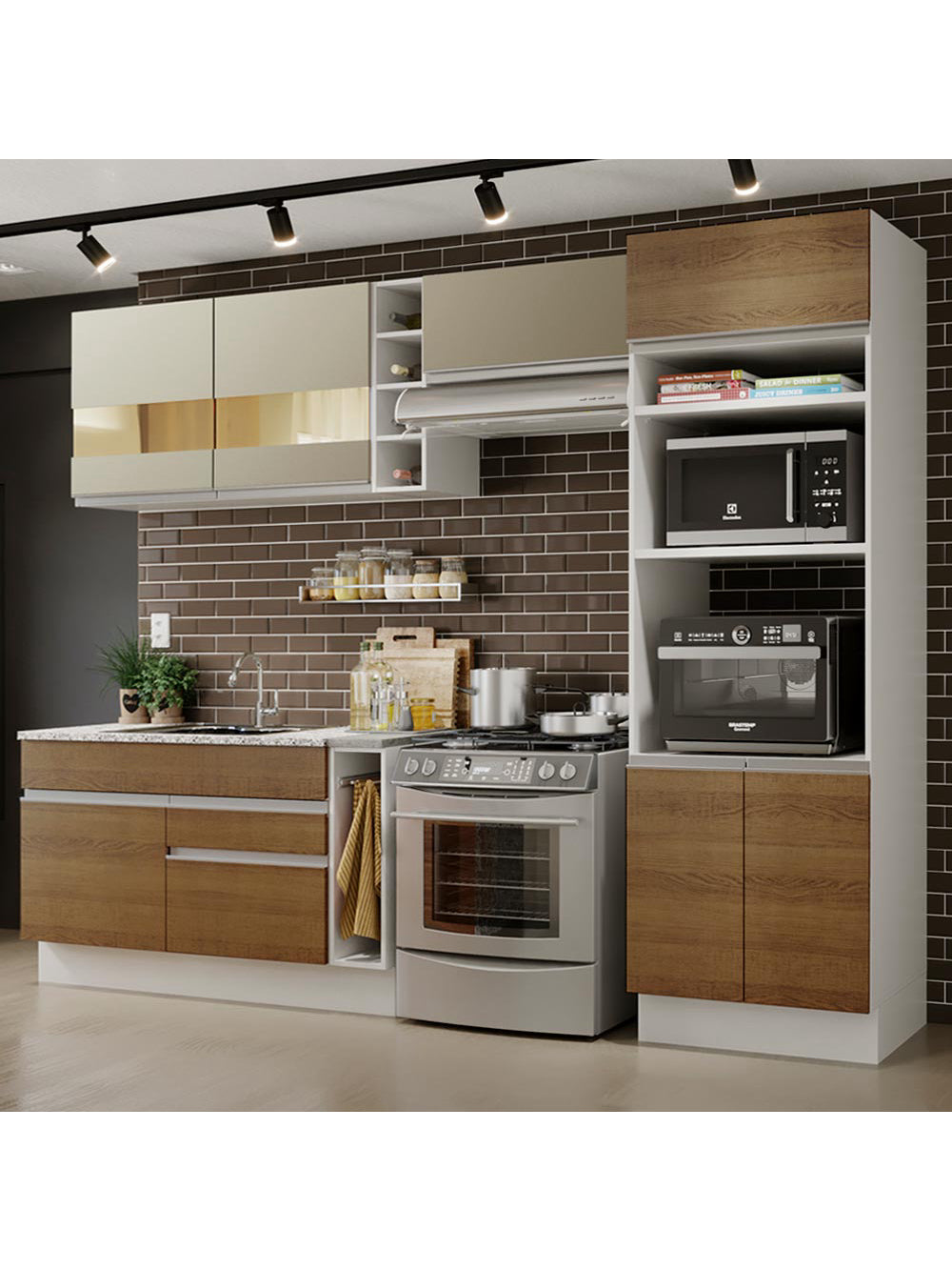 Armário de Cozinha Completa 290cm Branco/Rustic/Crema Cristal Madesa 09 - Branco/Rustic/Crema