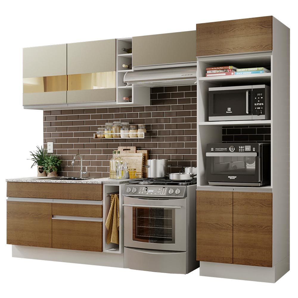 Armário de Cozinha Completa 290cm Branco/Rustic/Crema Cristal Madesa 09 - Branco/Rustic/Crema