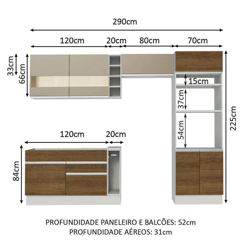 Armário de Cozinha Completa 290cm Branco/Rustic/Crema Cristal Madesa 09