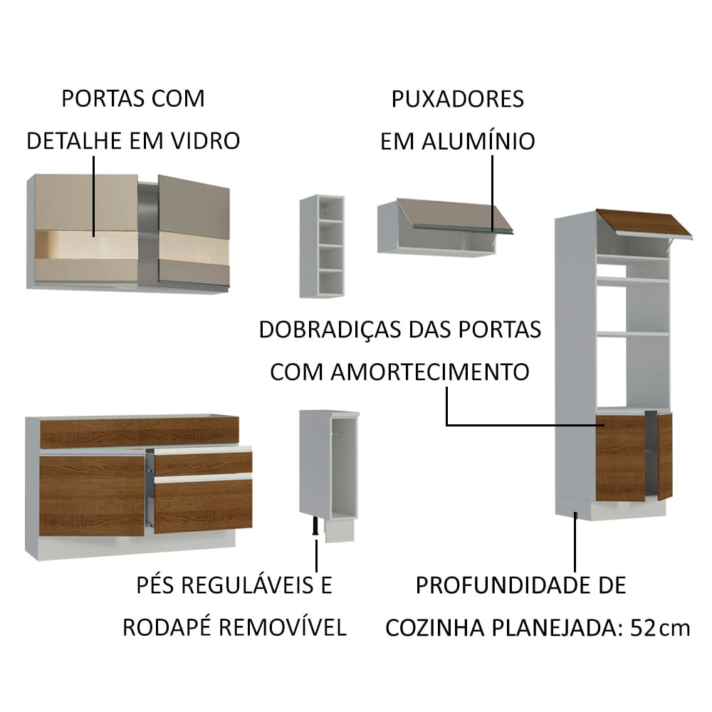 Armário de Cozinha Completa 290cm Branco/Rustic/Crema Cristal Madesa 09