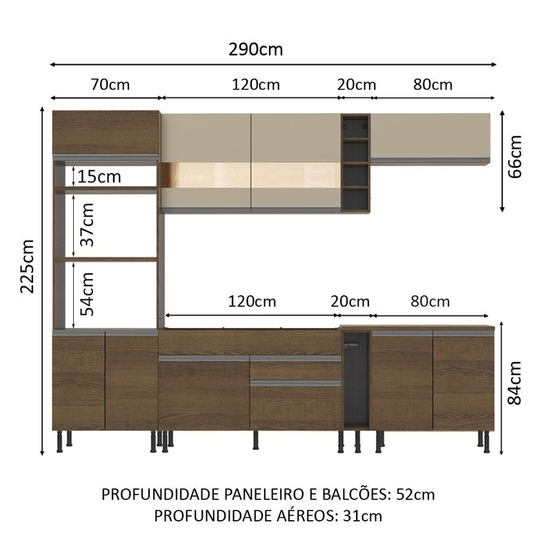 Armário de Cozinha Completa 290cm Rustic/Rustic/Crema Vicenza Madesa 11