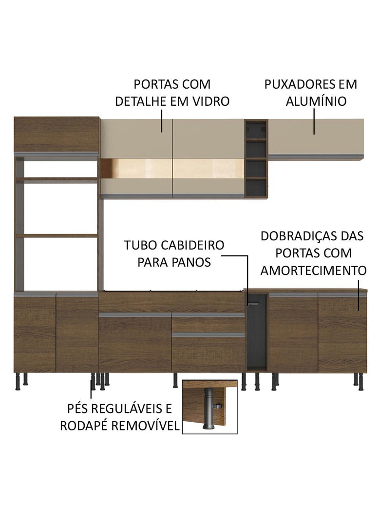 Armário de Cozinha Completa 290cm Rustic/Rustic/Crema Vicenza Madesa 11
